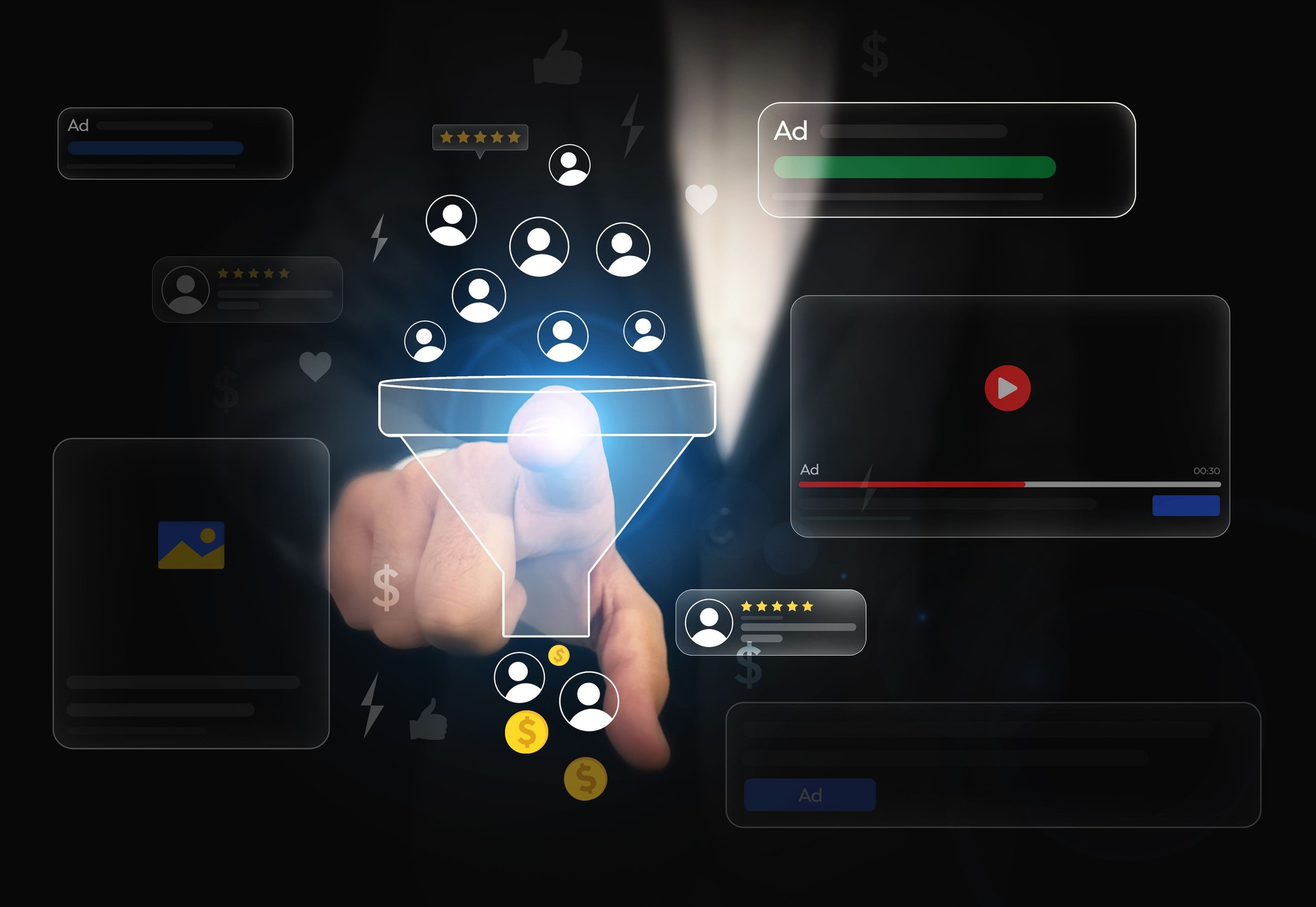 Man touching Leads generation concept with blue glowing light and money on the virtual screen, business backdrop. Customer conversion with digital advertisement concept background