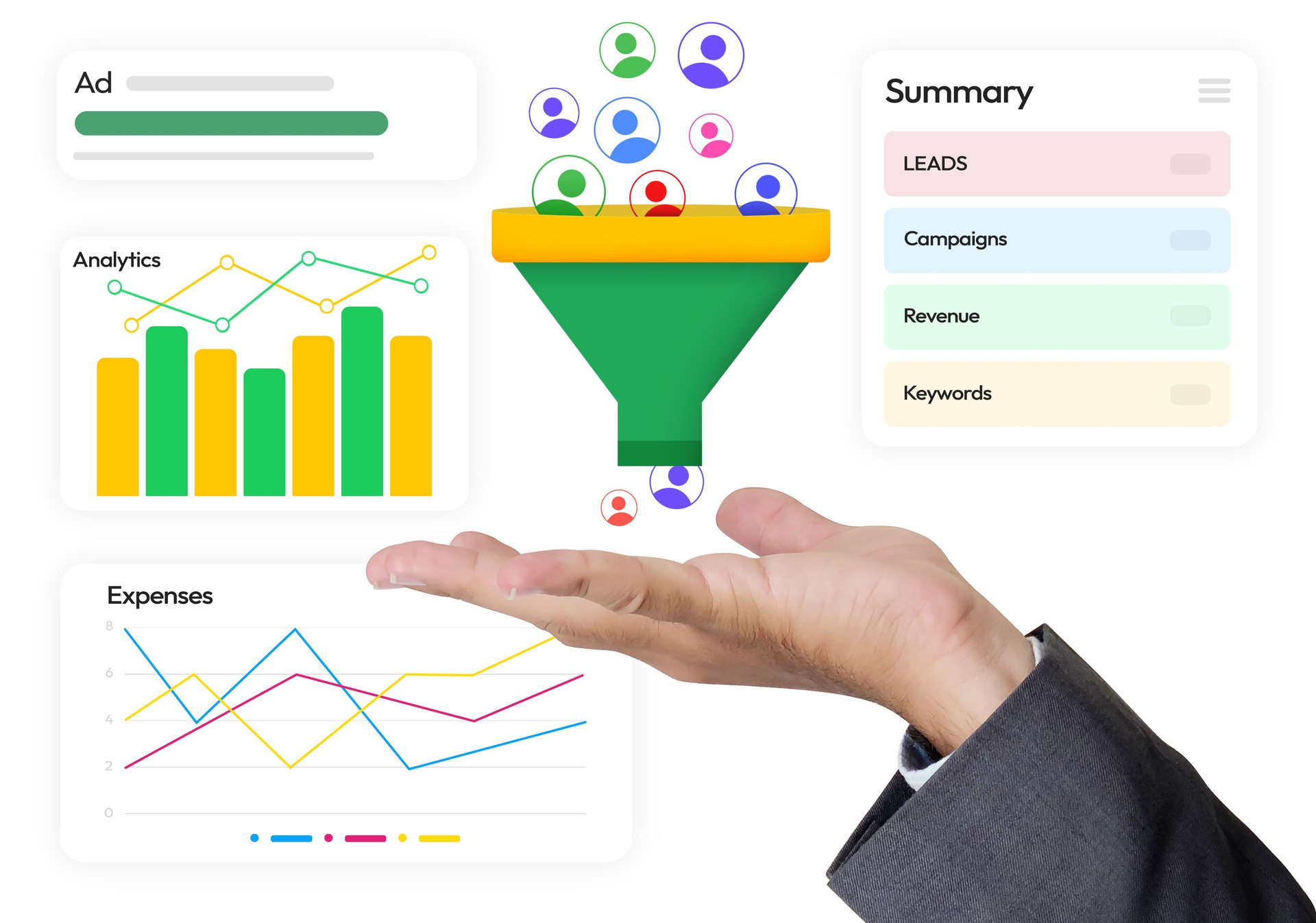 Leads Generating concept background design with analytics in multiple colors floating around the hand. Advertisement leads generation, sales, expenses, business concept