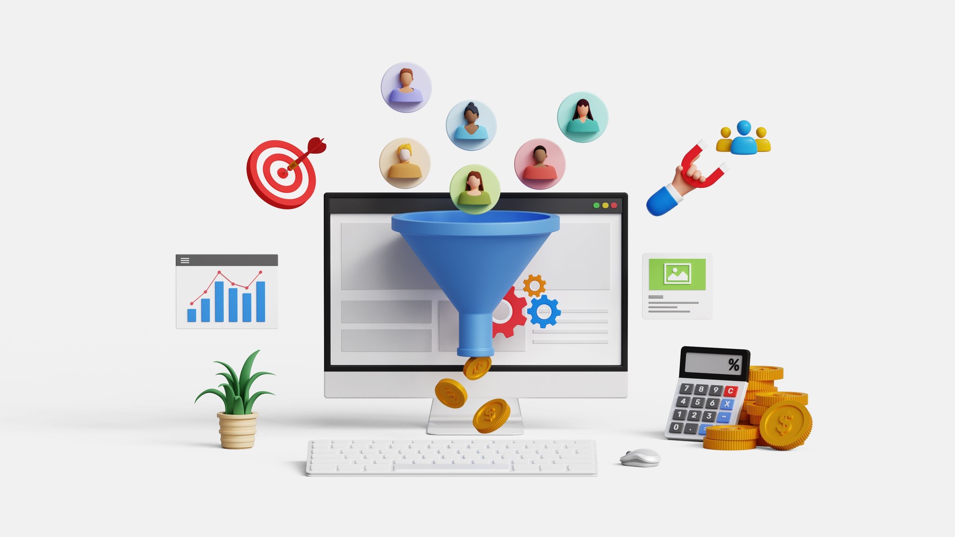 Lead generation, manage marketing targets, audience outreach concept. Convert audience into sales. CRO, conversion rate optimization. 3D computer with marketing funnel and lead generation icons